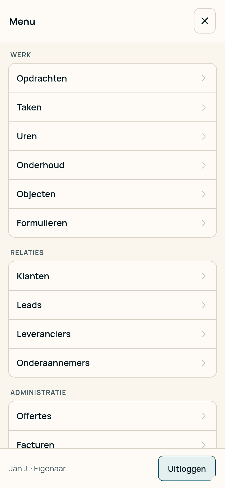 Het menu op een telefoon, dat als een eigen scherm over de pagina heen komt.