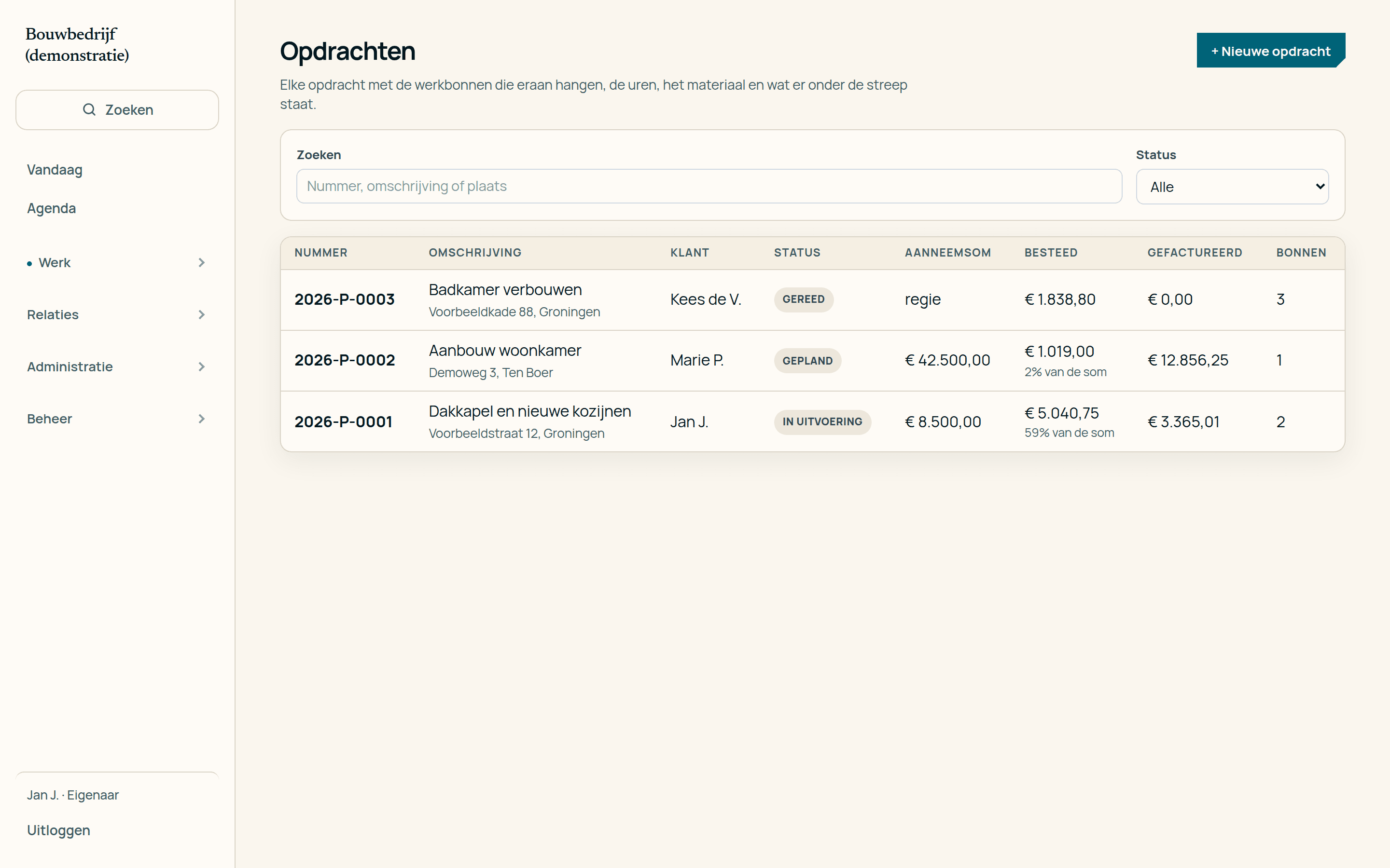 De opdrachtenlijst in de demonstratieomgeving, met per opdracht wat er al op zit. Fictief bedrijf en klussen.